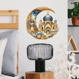 Golden moon wall sticker with blue mosque design for luxury bedroom wall decor