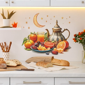 Golden moon and star wall decals with Middle Eastern tea set and fruit for home decor