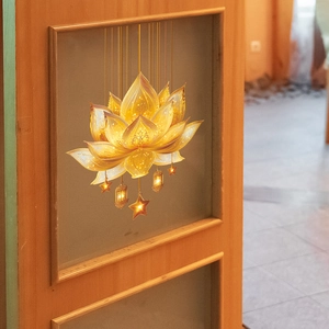 Golden lotus wall sticker with lanterns and stars decoration for bedroom door