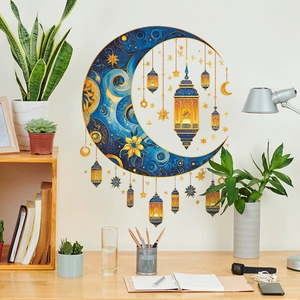 Deep blue and gold crescent moon wall sticker with hanging lanterns for home decor