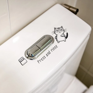 Sticker chat amusant Press and Rinse pour déco de toilettes sur réservoir en céramique