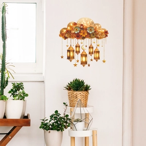 Golden Ramadan crescent cloud wall stickers with hanging lanterns and stars for home decor