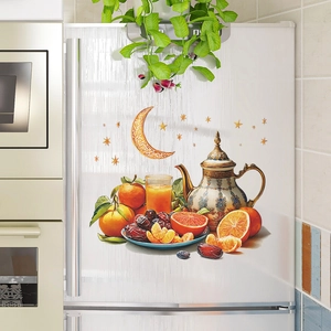 Golden moon star and fruit wall stickers with Arabic teapot on white fridge