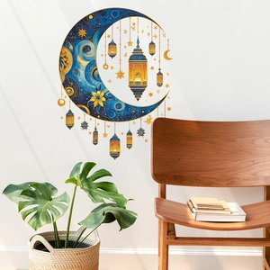 Blue moon and golden lanterns wall stickers for Ramadan home decoration on white wall