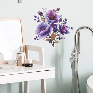 Elegant purple peony wall stickers displayed on a blue bathroom wall above a white vanity