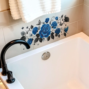 Self-adhesive blue rose wall stickers with butterfly and vine motifs for bathroom tiles