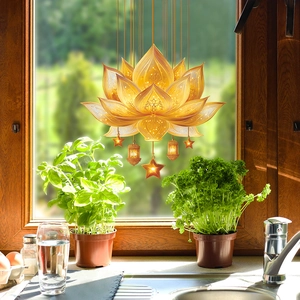 Golden lotus wall hanging sticker with stars and lanterns for elegant home decor