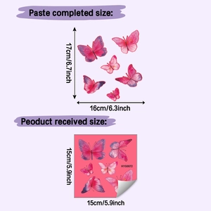 Détail de stickers muraux papillons roses fluorescents avec dimensions et mise en page