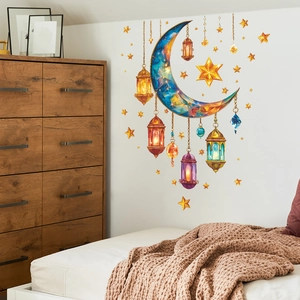 Adesivo murale stile mediorientale con luna e lanterne colorate per la camera