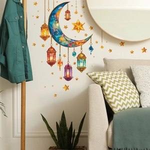Adesivi murali colorati con luna e lanterne per decorazioni festive del Ramadan
