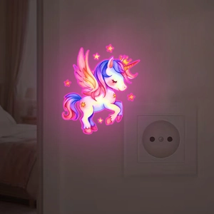 Sticker mural licorne lumineuse avec ailes néon roses pour décor de chambre