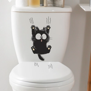 Funny black cat cartoon toilet sticker with scratch marks for home bathroom decoration