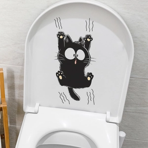 Funny black cat sliding down wall decal, self-adhesive waterproof bathroom toilet sticker