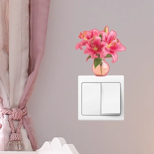 Luminous pink lily flower vase wall sticker for home decor on white light switch