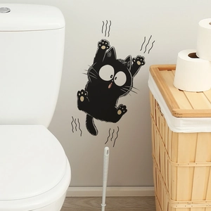 Creative black cartoon cat wall sticker for bathroom decor with realistic scratch marks