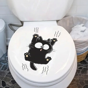 Funny cartoon black cat toilet lid sticker for creative bathroom wall decor