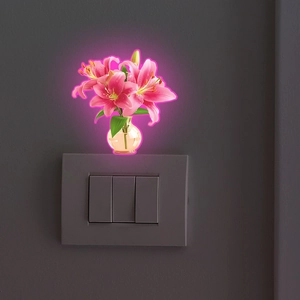 Luminous lily flower vase wall sticker with pink glow effect for home switch decoration