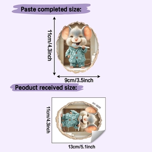 Detailed dimensions of a cartoon mouse wall sticker with a cute toothbrushing design
