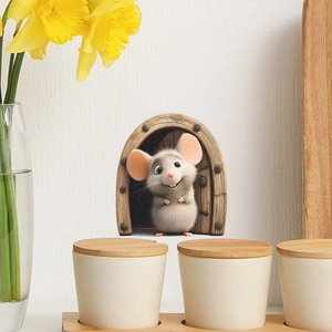 Realistic 3D mouse hole wall sticker featuring a cute grey mouse emerging from a wooden door