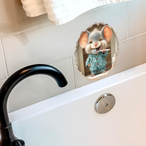 3D cute cartoon mouse brushing teeth wall sticker with realistic mouse hole effect