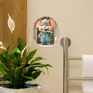 3D wall sticker featuring a cute cartoon mouse brushing teeth for kid's room decor