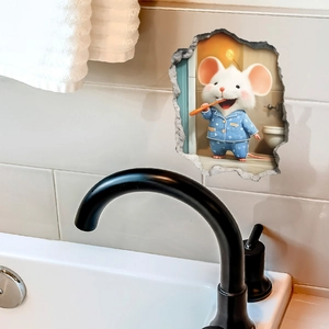 Simpatico adesivo murale 3D di un topolino che lava i denti per l'arredo bagno
