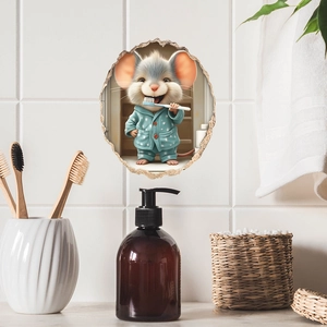 3D Mouse Hole Wall Sticker Cartoon Mouse Brushing Teeth Pattern Removable PVC Decal For Bathroom Kids Room Home Decoration
