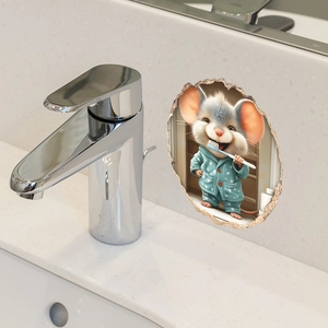 3D cute mouse brushing teeth wall sticker for bathroom decor with blue pajamas