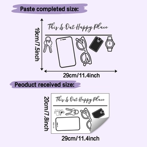 Detail of creative wall stickers showing home essentials icons and happy place typography