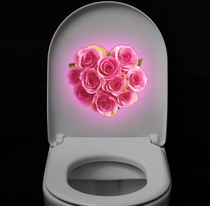 Dettaglio degli adesivi luminosi a cuore con rose rosa su un coperchio del WC bianco