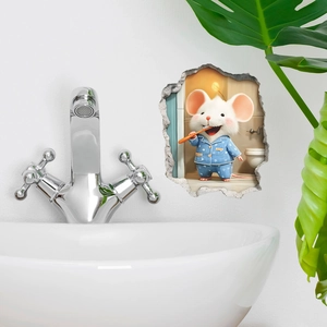 Adesivo murale 3D con un simpatico topo che si lava i denti per l'arredo del bagno bimbi