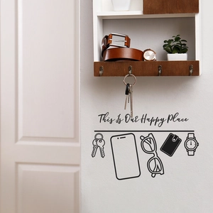 Minimalist black vinyl wall sticker This Is Our Happy Place with daily items icons for entryway