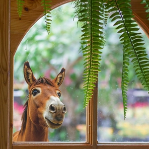 Realistic 3D brown horse head wall sticker peeking through window for home decor
