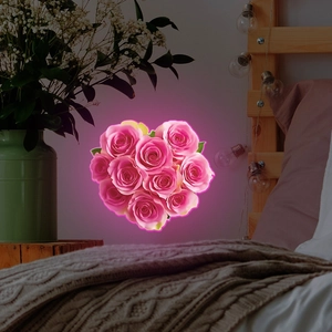 Insegna al neon a forma di cuore con rose rosa per decorazione romantica camera