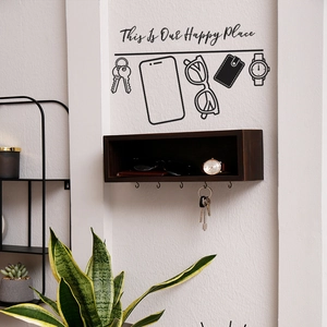 Entryway wooden key holder with 5 hooks and mail storage on a white wall shelf