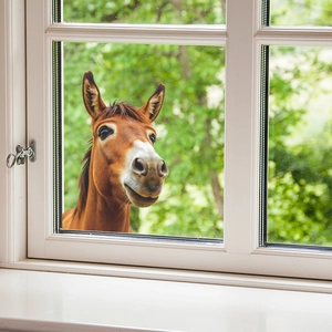 Cute brown horse peeking through white window frame wall sticker for home decoration