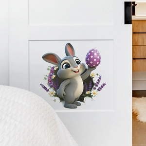 3D Easter bunny wall decal featuring cartoon rabbit with egg and lavender flowers