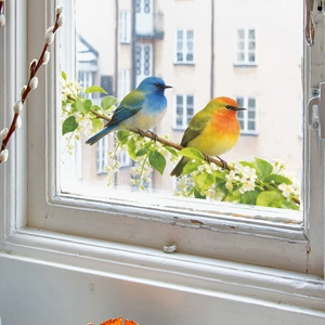 Vibrant birds on floral branch window stickers for home decor with realistic bird design