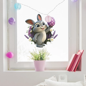 3D Easter bunny wall sticker with colorful eggs and lavender in a bright bedroom setting