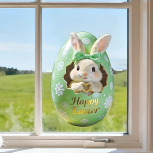 Happy Easter window sticker with a cute rabbit in a green eggshell on a bright glass pane
