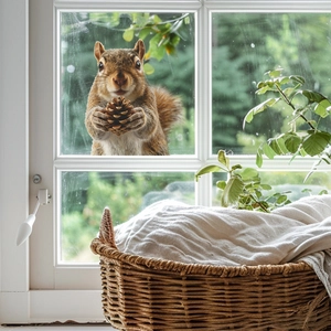 Cute squirrel window sticker holding a pine cone for home decoration on bright glass