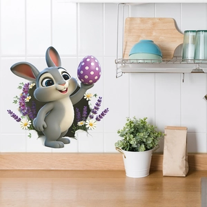 3D Easter bunny wall sticker with colorful egg and flowers on white tile kitchen wall