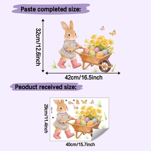 Detailed infographic of Easter bunny cart wall sticker with dimensions in cm and inches