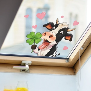 Cartoon cow wall sticker with green clover and pink hearts for home bedroom decor