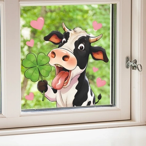 Cartoon cow and four-leaf clover wall stickers for home decor on window glass