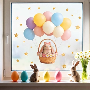 Easter cartoon bunny in floral basket with macaron balloons window sticker decoration