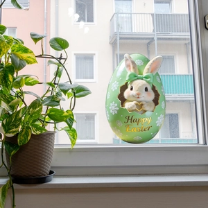 Happy Easter glass window sticker featuring a cute bunny in a green egg shell decal