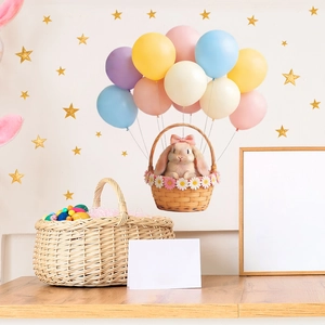 Cartoon bunny in wicker basket with macaron balloons wall decal for nursery room decoration