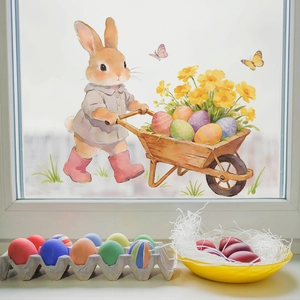 Easter bunny with cart and eggs glass window sticker home wall decal decoration