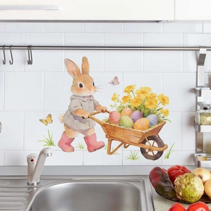 Easter bunny sticker with cart and colorful eggs on white kitchen tile wall decor